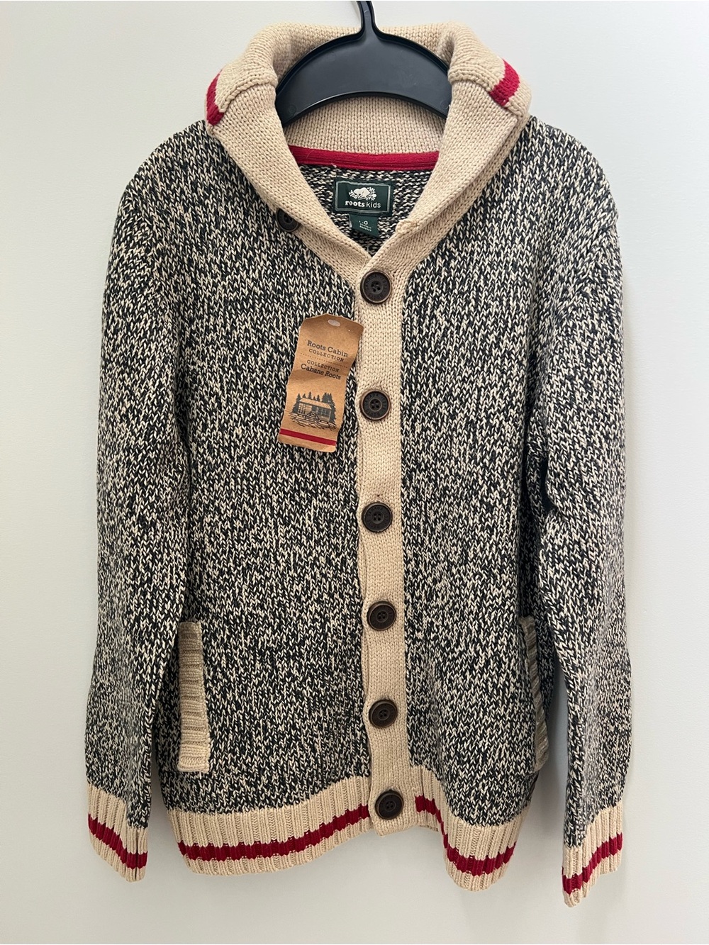 Roots Soft Shawl Collar Marled Cardigan Sweater - Black, Cream & Red